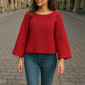 Handmade crochet sweater women - Crochet pullover sweater loose fit - Red crochet jumper long sleeve - Boho crochet top Hand knit Cardigan