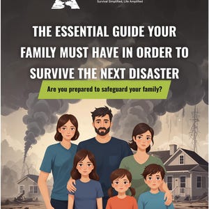 May include: A family of five stands together in front of a destroyed neighborhood. The family is composed of a father, mother, and three children. The father is wearing a blue shirt and has a beard. The mother is wearing a green shirt. The children are wearing blue, orange, and blue shirts. The family is looking at the camera with concerned expressions. The text "LIFE PREPPD" is at the top of the image. The text "Survival Simplified, Life Amplified" is below the logo. The text "THE ESSENTIAL GUIDE YOUR FAMILY MUST HAVE IN ORDER TO SURVIVE THE NEXT DISASTER" is in large, bold letters. The text "Are you prepared to safeguard your family?" is below the large text. The text "www.lifepreppd.com" is at the bottom of the image.
