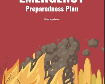 May include: A red background with a white triangle logo that says "LIFE PREPPD" and the text "Survival Simplified, Life Amplified". Below the logo is the text "EMERGENCY Preparedness Plan" and the website "lifepreppd.com". The image shows a cartoon illustration of a forest fire with flames and smoke.