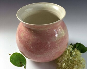 Ready to ship, Pink Vase with Flower Print, Stoneware Vase by Leslie Freeman