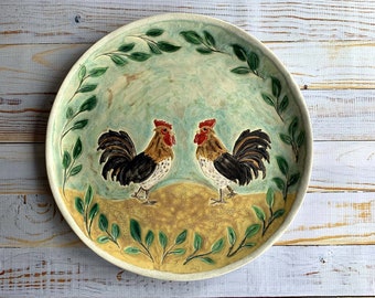 READY TO SHIP Rooster Platter, Collectible Platter, Wall Platter, One of a kind rooster platter by Leslie Freeman