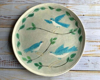 Large decorative platter, Wall plate, Collectible one of a kind bird platter by Leslie Freeman