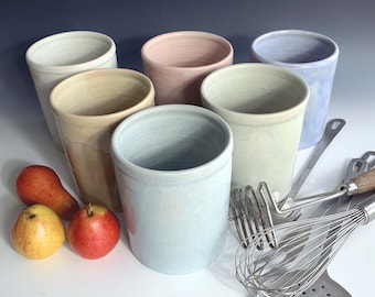 Ready to ship NEW Utensil holder, Pastel crackle glazes, Utensil holder by Leslie Freeman