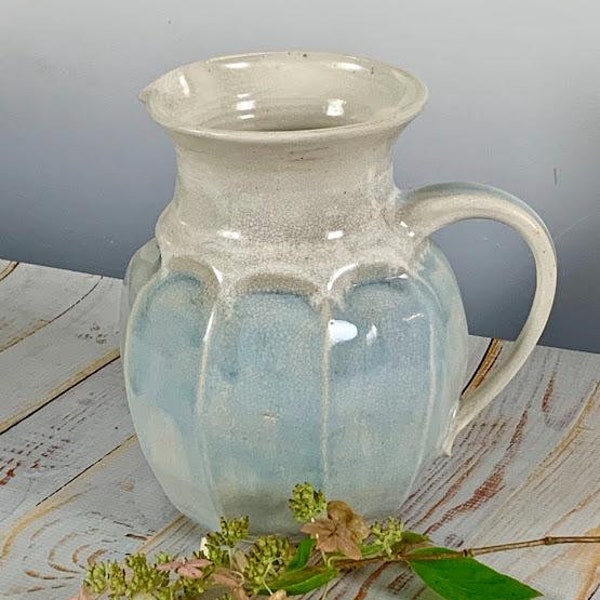 Handmade Blue Stoneware Pitcher: 64 oz Pottery Vase
