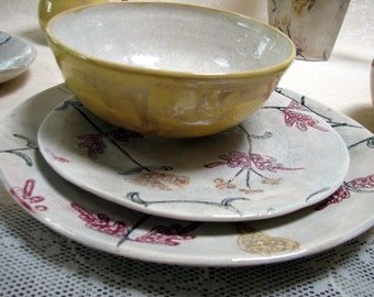 Handmade pottery, ceramic, stoneware clay, place setting, plate, cereal bowl and side plate set with floral print, custom dinnerware