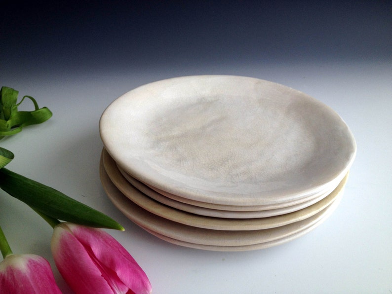 Handmade organic white crackle slab side plates, set of six, stoneware side plates by Leslie Freeman image 3