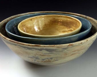 Nesting Bowl Set in Earth Tones by Leslie Freeman, stoneware serving bowls, stoneware serving bowl set