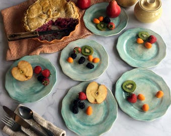 Set of Six, Cut edge dessert/side plates, stoneware side plates by Leslie Freeman