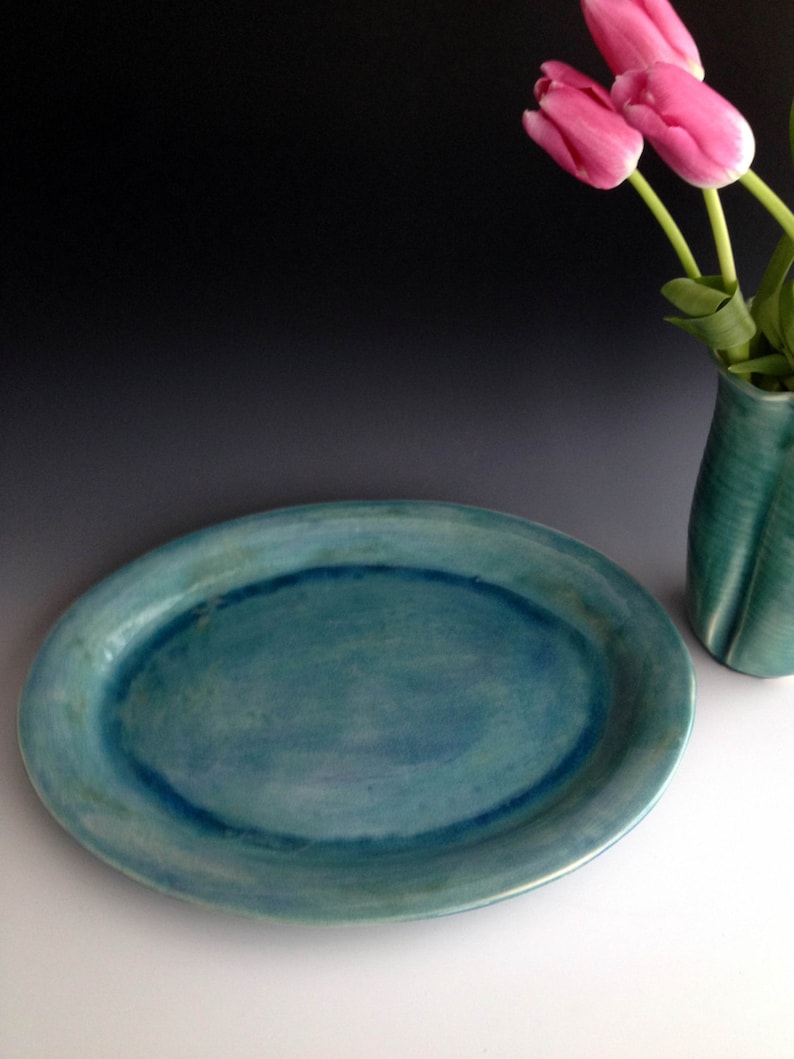 Handmade Large stoneware platter blueish green crackle by Leslie Freeman image 2