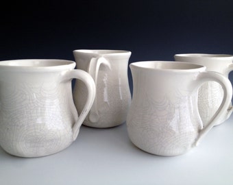 Altered White crackle mugs, set of four, stoneware organic mugs by Leslie Freeman