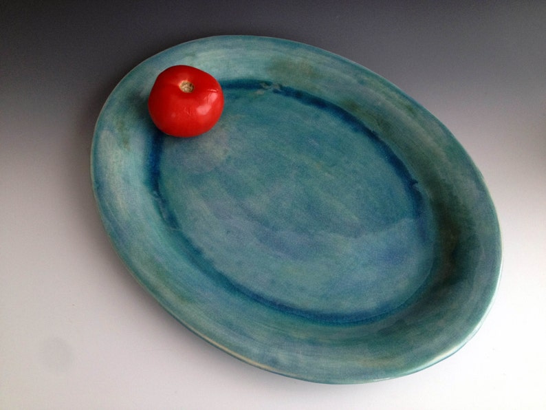 Handmade Large stoneware platter blueish green crackle by Leslie Freeman image 4