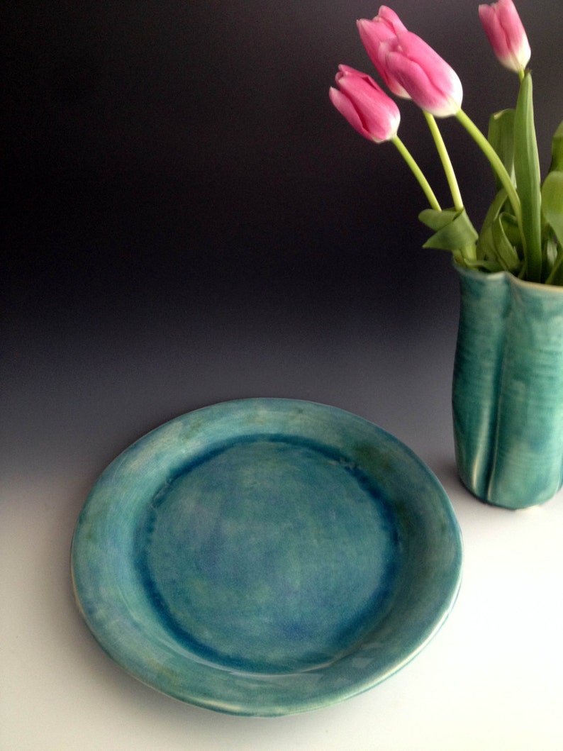 Handmade Large stoneware platter blueish green crackle by Leslie Freeman image 5