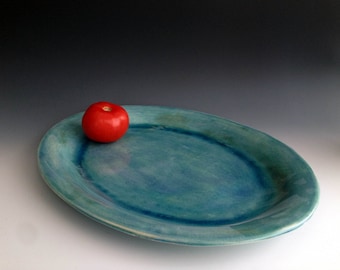 Handmade Large stoneware platter blueish green crackle by Leslie Freeman