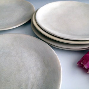 Handmade organic white crackle slab side plates, set of six, stoneware side plates by Leslie Freeman