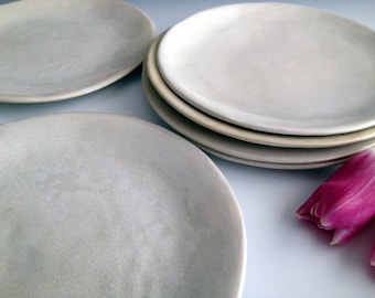 Handmade organic white crackle slab side plates, set of six, stoneware side plates by Leslie Freeman