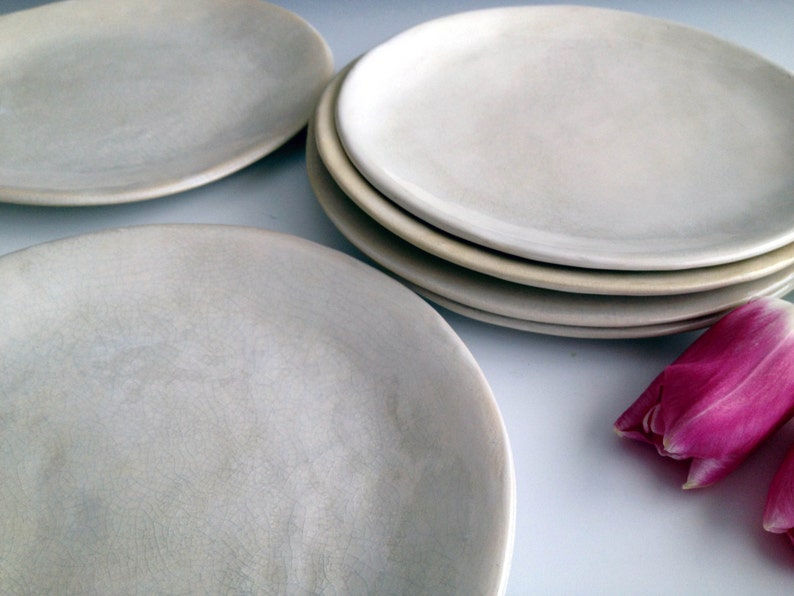 Handmade organic white crackle slab side plates, set of six, stoneware side plates by Leslie Freeman image 1