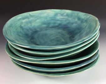 Aqua crackle pasta bowls, stoneware pasta bowls by Leslie Freeman
