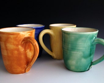 Ready to ship Set of four colorful mugs, coffee mugs, four colors, wheel thrown, stoneware mug set