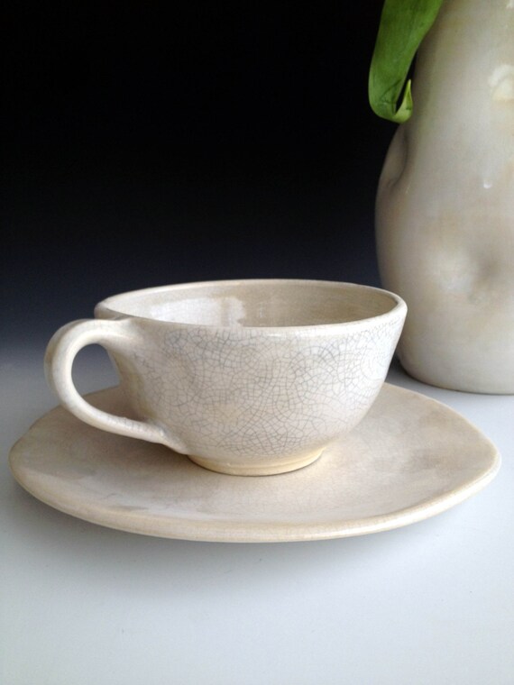 Handmade stoneware white crackle tea cup and saucer set by Etsy