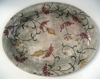 Handmade Large ceramic stoneware clay platter with floral design