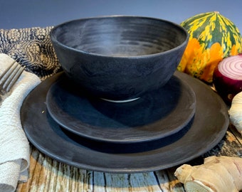 Ready to ship New, Dinnerware, Tableware, Black satin place settings, modern, Farmhouse dinnerware by Leslie Freeman