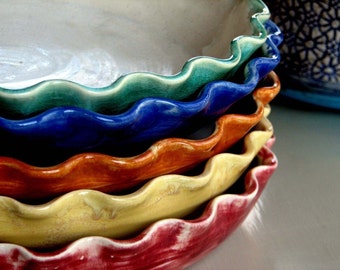 Handmade Pie plates stoneware-pottery-ceramic colorful, some colors ready to ship
