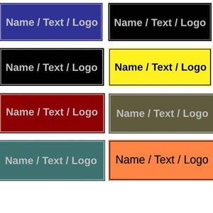 Pu&ograve; includere: Etichette rettangolari in vari colori, tra cui blu, nero, giallo, rosso, verde oliva, verde acqua e arancione. Ogni etichetta presenta il testo "Name / Text / Logo" in bianco.