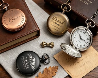 Reloj de bolsillo grabado a mano, reloj de cuarzo vintage personalizado, regalo para padrinos de boda y el Día del Padre.