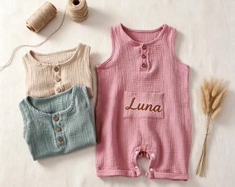 Handmade Double Gauze Baby Romper, Custom Name Sleeveless Outfit, Soft Breathable Cotton, Gender Neutral Baby Shower Gift