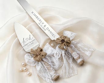 Personalized Rustic Wedding Cake Cutting Set, Custom Engraved Linen Lace Knife & Server, Boho Wedding Gift