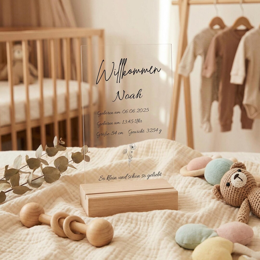 Personalized Acrylic Birth Announcement Plaque With Wooden Base - Baby ...