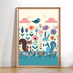 Botanical Squirrel and Bunny Poster, Forest Friends Print, Floral Animal Artwork, Woodland Nursery Decor,  Nature-Inspired Kids Room Print