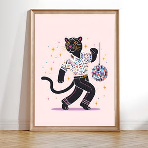 Black Panther Cartoon Artwork Digital Download, Cute Disco Animal Wall Art, Minimalist Soft Pink Modern Decor Gift