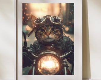 バイク猫のアートプリント：バイカータビー、おもしろい室内装飾（デジタルダウンロード）