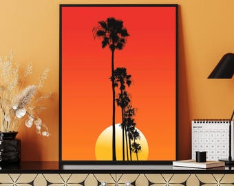 Impresión de palmera al atardecer: arte de silueta tropical llamativa (descarga digital)