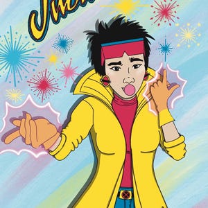 Può includere: Illustrazione di Jubilee, personaggio di X-Men, con cappotto giallo, top rosso e jeans blu. L'immagine include la parola "Jubilee" in un font stilizzato, insieme a fuochi d'artificio colorati.