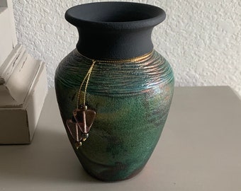 Beautiful Raku Pottery Vase Signed, Metallic Colorful w Black Rim, Tabletop Decor, Shelf Decoration, Southwest Decor, Vintage Home