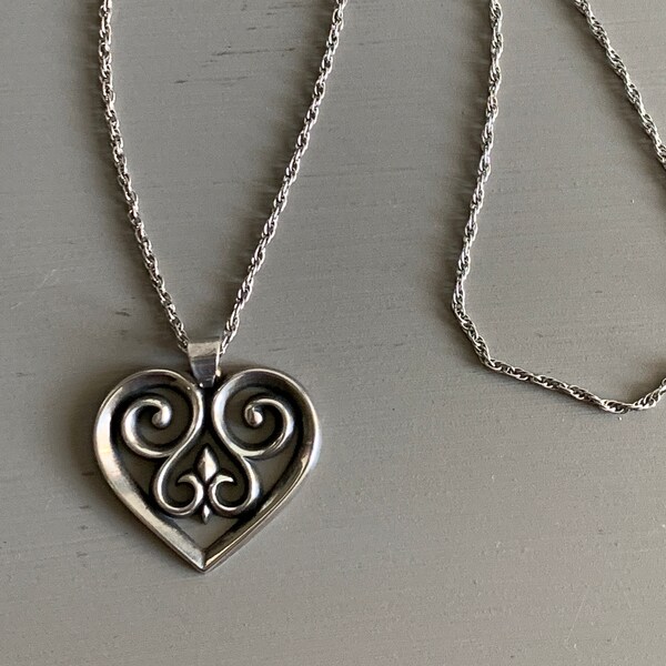 Gorgeous Sterling James Avery Large French Scrolled Heart Pendant w Chain, Retired Piece, Heart Jewelry, Ornate,
