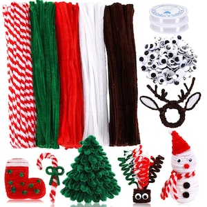 May include: A craft supply set featuring bundles of red and white striped, solid green, red, white, and brown pipe cleaners. Includes a spool of clear elastic cord, a bag of assorted googly eyes, and finished figures: a stocking, candy cane, tree, and snowman.