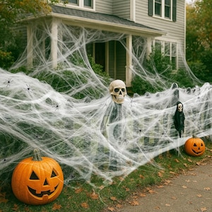 May include: A Halloween display featuring a white synthetic spider web draped over a fence, adorned with small black plastic spiders, a central human skull, a small hooded figure, and two orange carved jack-o'-lanterns on the ground.