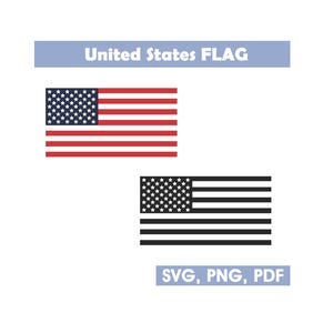 May include: Two illustrations of the United States flag. The top flag is in color, with red and white stripes and a blue canton with white stars. The bottom flag is black and white. Text above reads "United States FLAG". Text below reads "SVG, PNG, PDF".