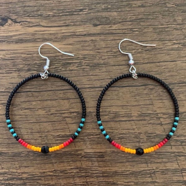 Black Native American style Beaded Hoop Earrings