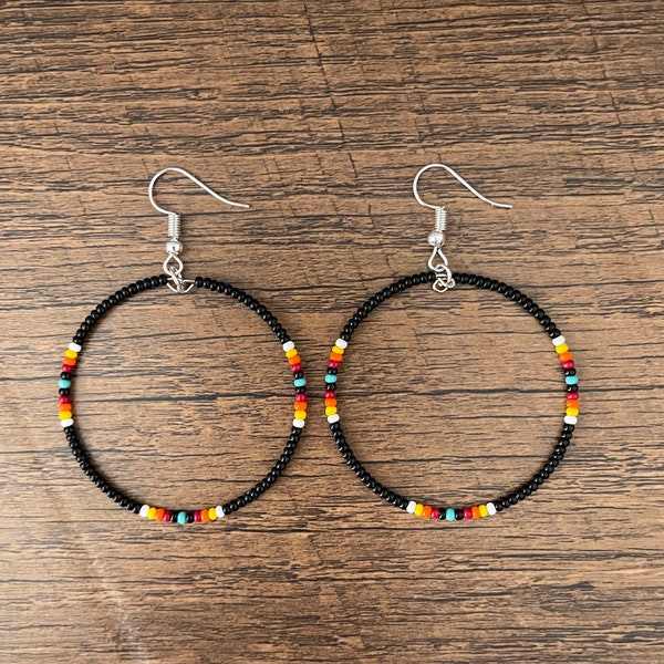 Black Native American style Beaded Hoop Earrings