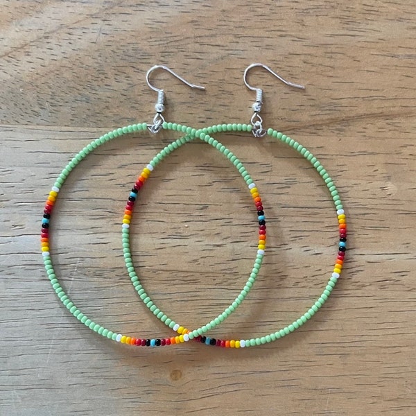 Native American style Lime Green Beaded Hoop Earrings