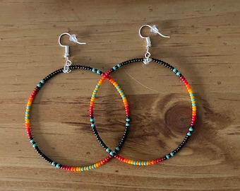Black Native American style Beaded Hoop Earrings
