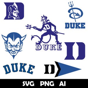 Puede incluir: Una colección de logotipos y gráficos azules y blancos de la Universidad de Duke. Los diseños incluyen la mascota de los Duke Blue Devils, la palabra "DUKE" y la letra "D" en varios estilos. La imagen también incluye los tipos de archivo SVG, PNG y AI.