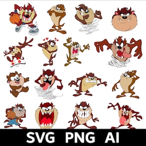 Puede incluir: Una colección de imágenes de dibujos animados del Demonio de Tasmania en varias poses. Las imágenes muestran al personaje con una pelota de baloncesto, corazones y en un tornado. Las imágenes son en tonos de marrón, beige y rojo. La parte inferior de la imagen tiene el texto "SVG PNG AI".