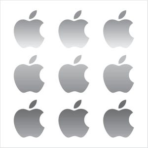 Puede incluir: Nueve logotipos de Apple de color plateado dispuestos en una cuadrícula de 3x3.