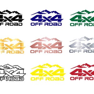 Op de afbeelding: Negen verschillende kleurvariaties van een 4x4 off-road sticker. De sticker heeft een gestileerd berggebied en de tekst "4x4 OFF ROAD".