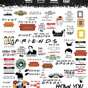 Puede incluir: Una colección de 20 ilustraciones en blanco y negro con citas e imágenes icónicas del popular programa de televisión "Friends". Las ilustraciones incluyen el logotipo del programa, el icónico sofá naranja, el logotipo de la cafetería Central Perk y los nombres de los personajes.